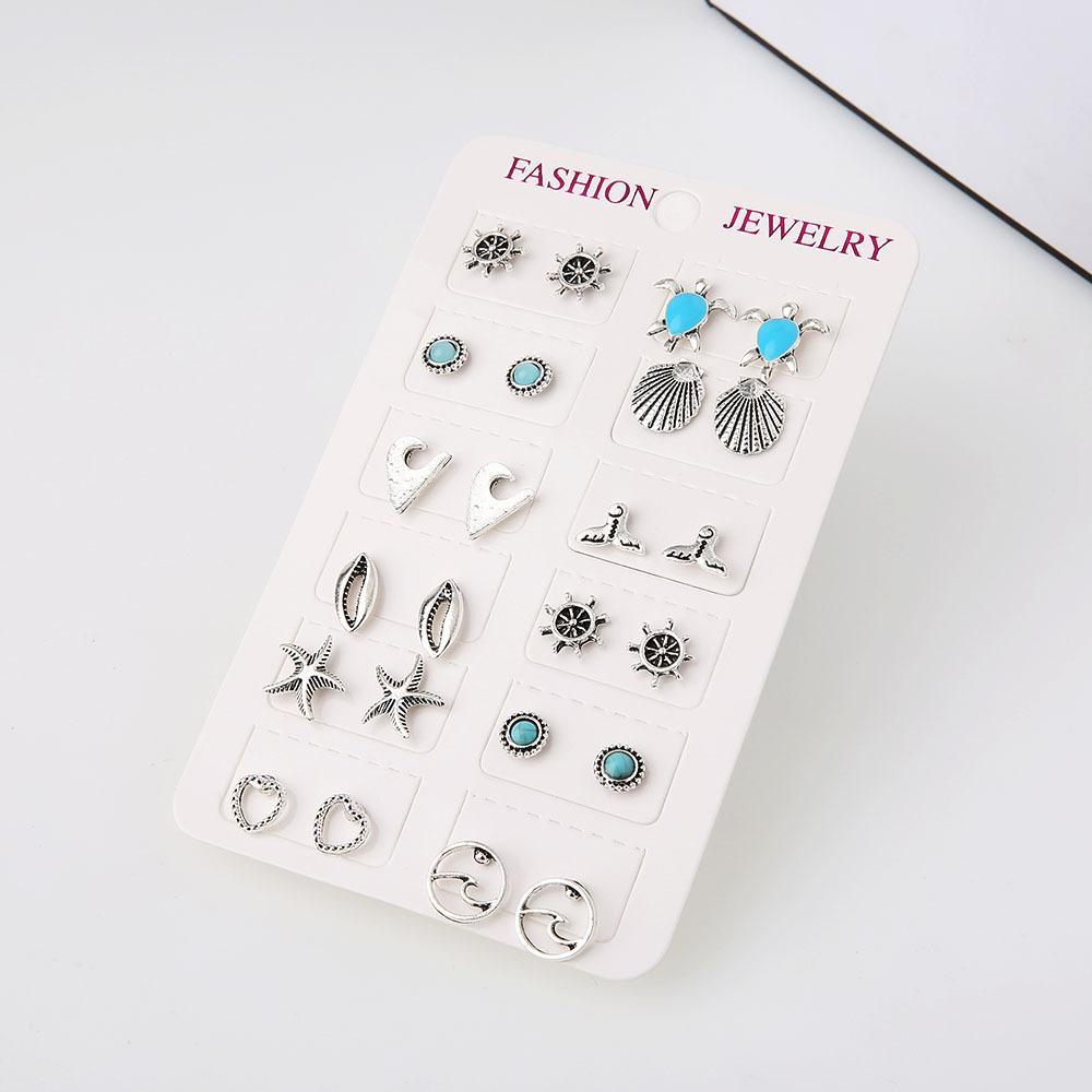 Accessories Simple Drip Oil Turtle Stars Wave Shells Turquoise 12 Pairs Of Earrings
