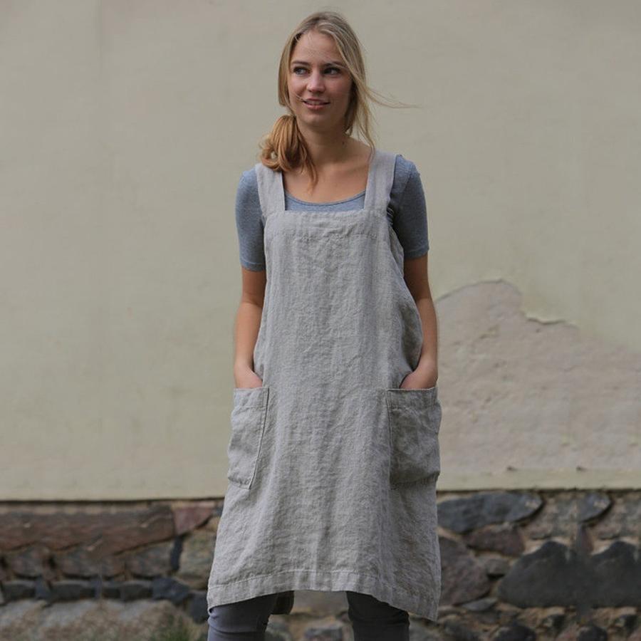 Women's Cotton Linen Apron Dress Long Loose Maxi Dress