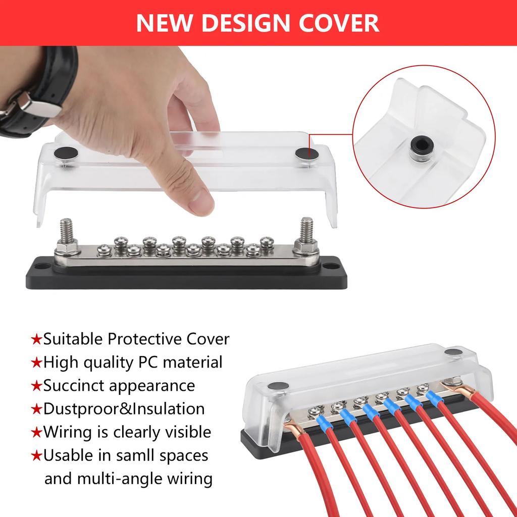 Power Distribution Block with Cover 12 X 5/16" Studs Bus Bar Terminal Block Max 300A 48V DC for Car Boat Marine Trucks RV