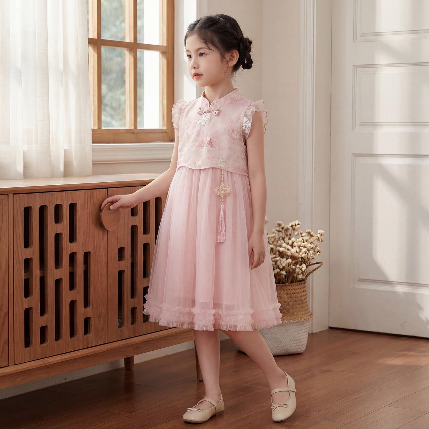 Children s Chinese Style Dress - 2026 New Summer Cheongsam Gauze Skirt for Girls 160 cm