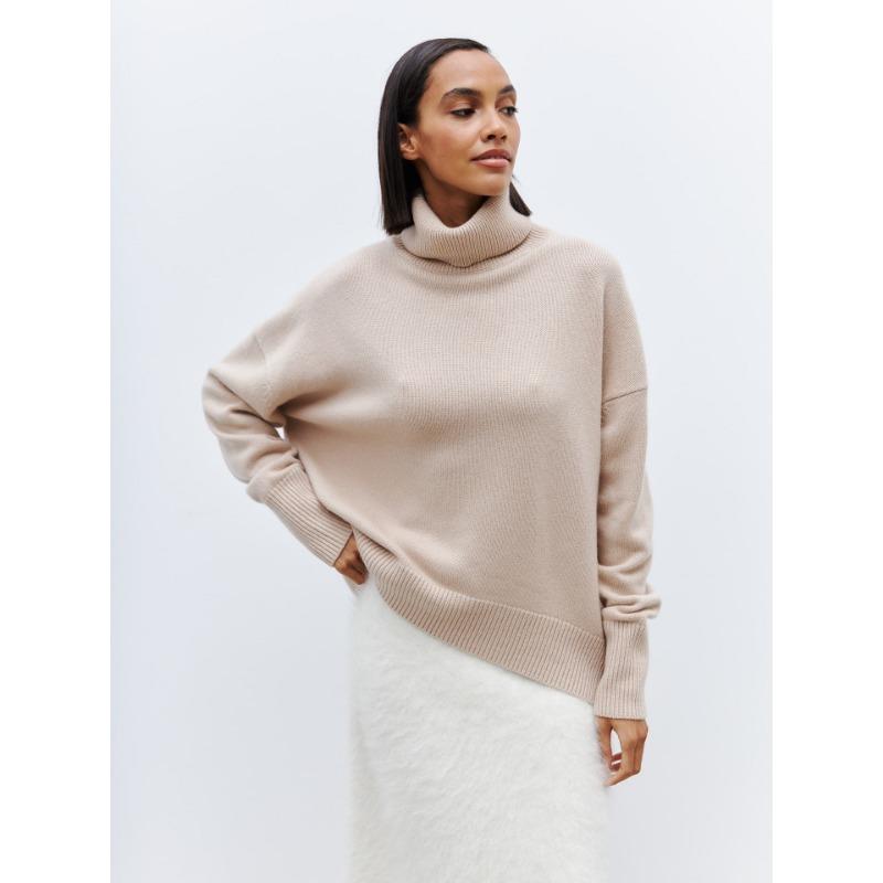 Podzimní a zimní dámský svetr s volným vysokým výstřihem Pohodlný ležérní svetr s dlouhým rukávem