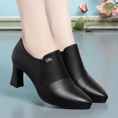 Women Comfort Soft Leather Soft Sole Pointed Toe Thick Heel Fashion Retro Casual Shoes Spring Elegant Dress Black Single Shoes