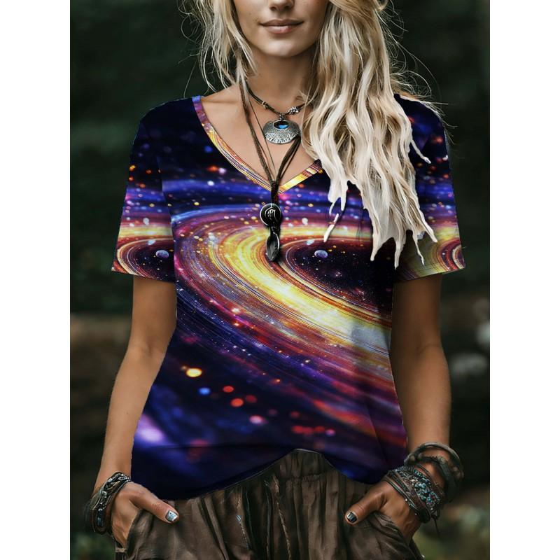Womens V-Neck Short Sleeve Loose Fit T-Shirt With Floral Lake Scene Cartoon Bun Girl Print 2025 Casual Top