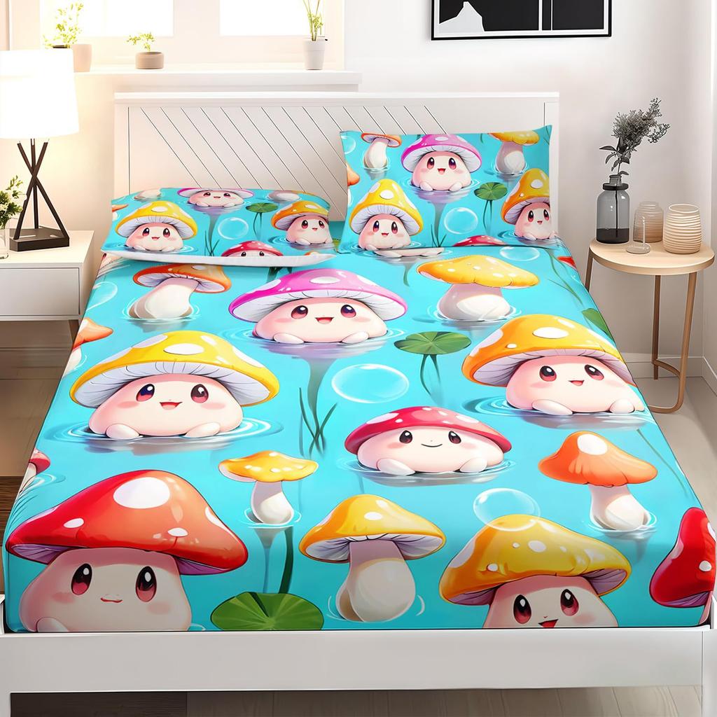 Cute Cartoon Mushroom Pattern Mattress Three-Piece Digital Printing Bedding Set Children Adult