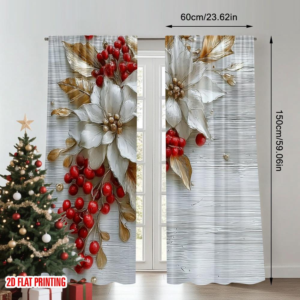 2pcs 2D flat printing Christmas Scene Curtains Red berries_ white flowers and gold leaves on a snowy background Digital Printed