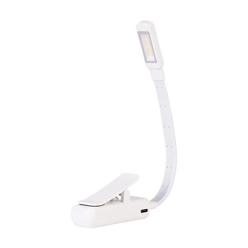 Luz de Leitura Portátil com Clipe de 5 LEDs com Luz de Fundo Auxiliar, Controle de Três Botões e Funcionalidade de Luminária de Mesa.