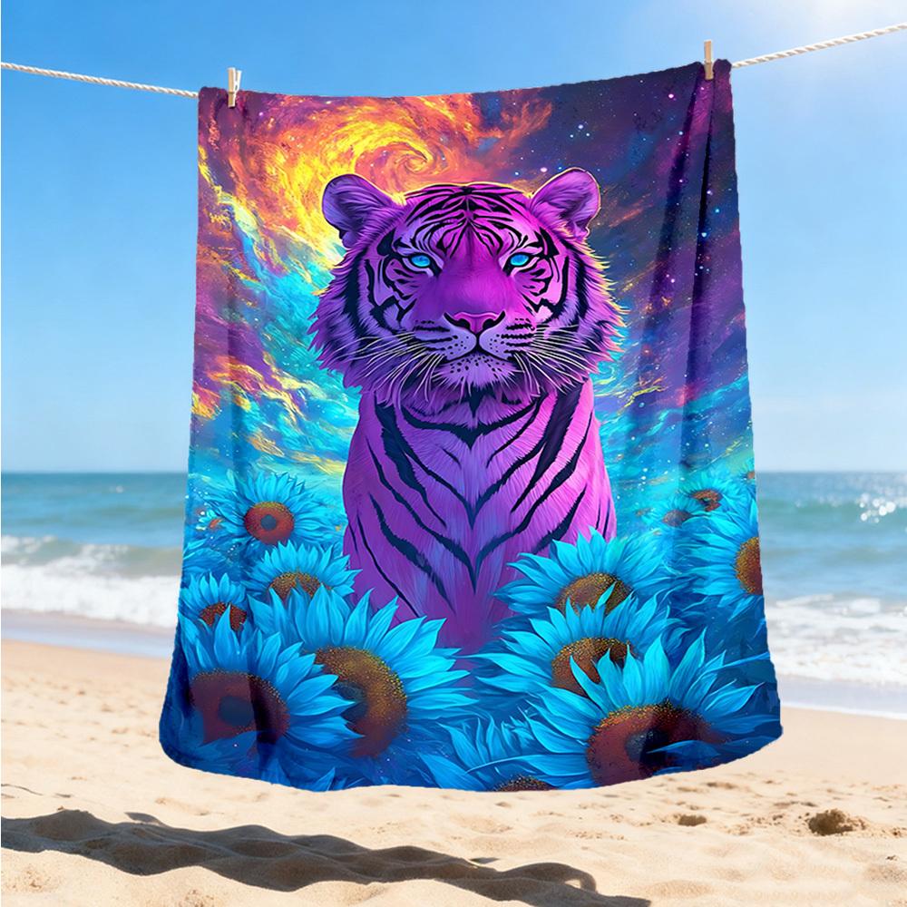 1pc Tiger Fantasy Flowers Throw Blanket Polyester Fiber, Lightweight Flannel, Soft & Warm, All Season Use for Outdoor, Camping Digital Print