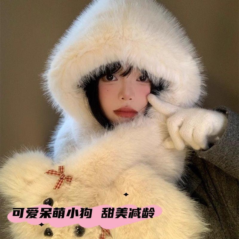 Women's Super Cute Bowknot Puppy Autumn Winter Warm Hat Scarf Integrated Face-Flattering Ear Protection Cute Hat