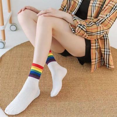 6 Paar Veelkleurige Regenboog Buiskousen Y2K Katoenen Sokken Zachte Regenboog Streep Sokken Trendy