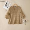 ZANZEA Women Hollow Lace Splice V-Neck Loose Casual 3/4 Sleeve Blouse