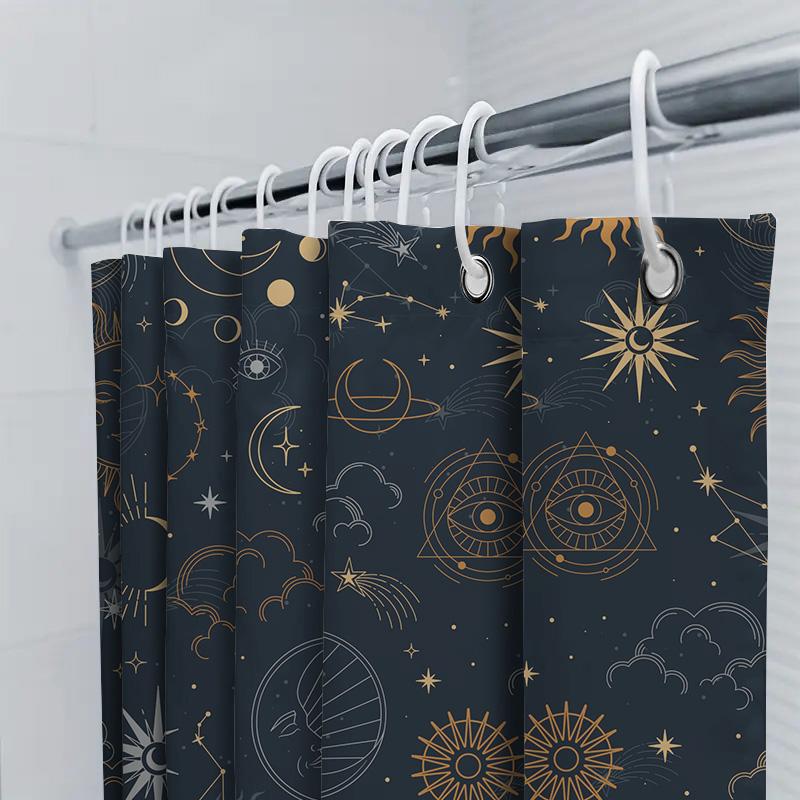 Gothic Astral Shower Curtain with Golden Constellation Sun Moon Eye Design for Bathroom Decor Navy Blue White Sun Moon Bathroom