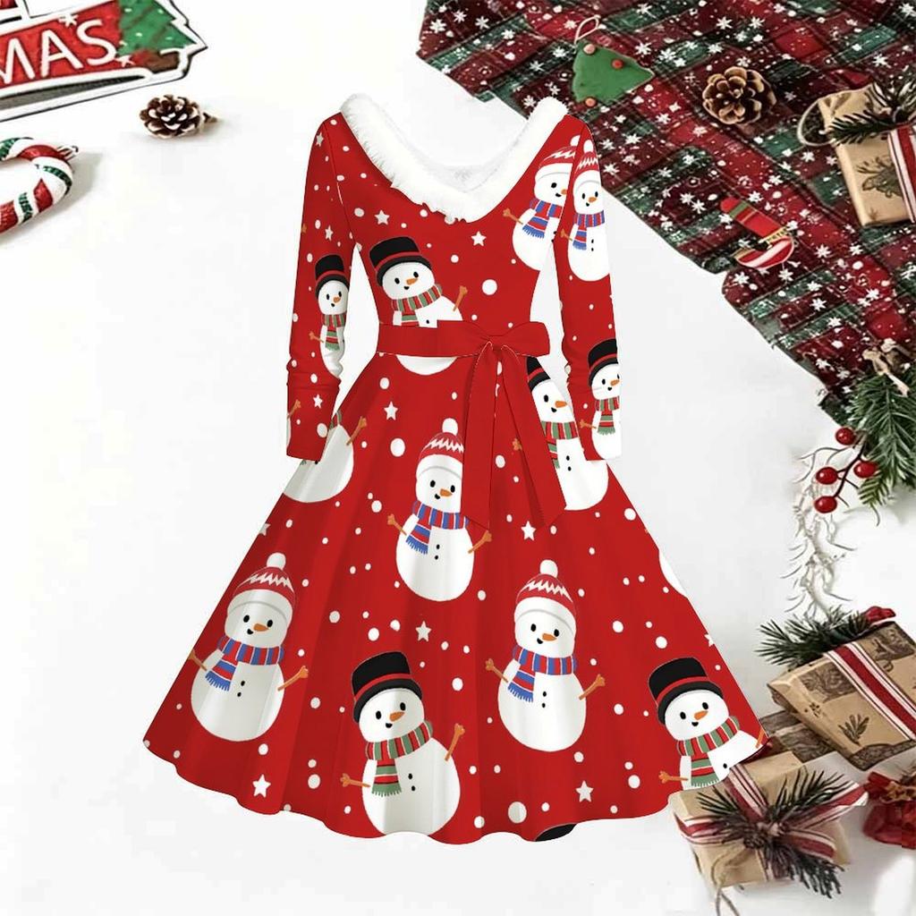 Women Christmas Print Midi Dress, Long Sleeve V‑Neck Furry Trim A‑Line Party Dress, Christmas Limited Edition