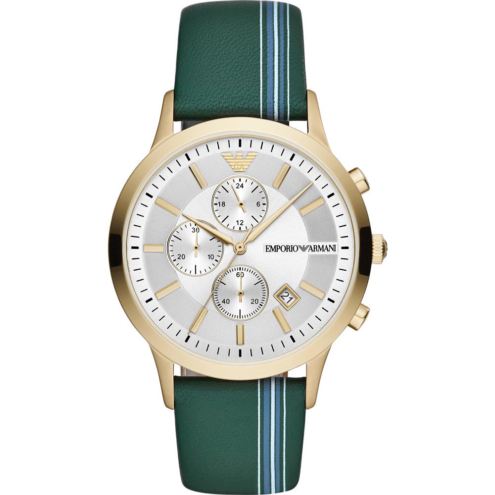 Emporio Armani Renato Silver Green Leather Men s Quartz Chronograph AR11233 Watch серебряный