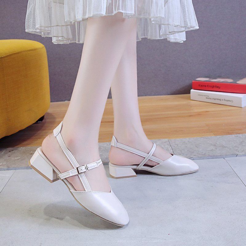 2025 summer new bag head sandals fairy fairy wind middle heel versatile square head thick heel lady gentle square head single shoes