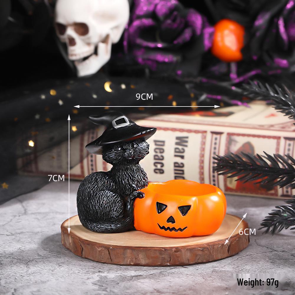 Black Cat & Pumpkin Halloween Candle Holder Resin Decor Set