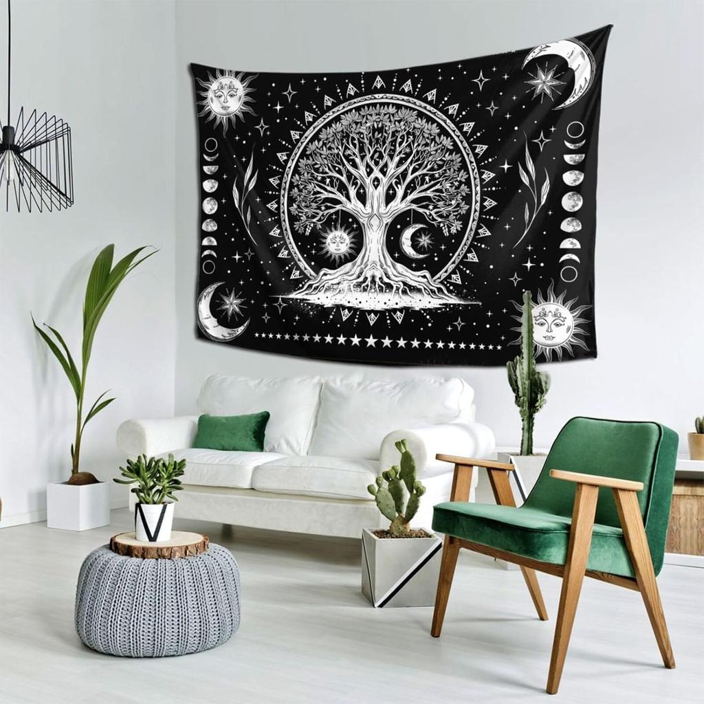 Tree Of Life Tapestry Wall Hanging, Sun And Moon Aesthetic Phase Galaxy Star Black And White Tapestries Nature Aesthetic Home