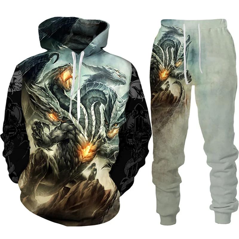 Drache 3D Druck Herren Totenkopf Kapuzenpullover Sets Trainingsanzug/Hose Herbst Winter Langarm Pullover Anzug Punk Lässig Übergröße Hohe Qualität