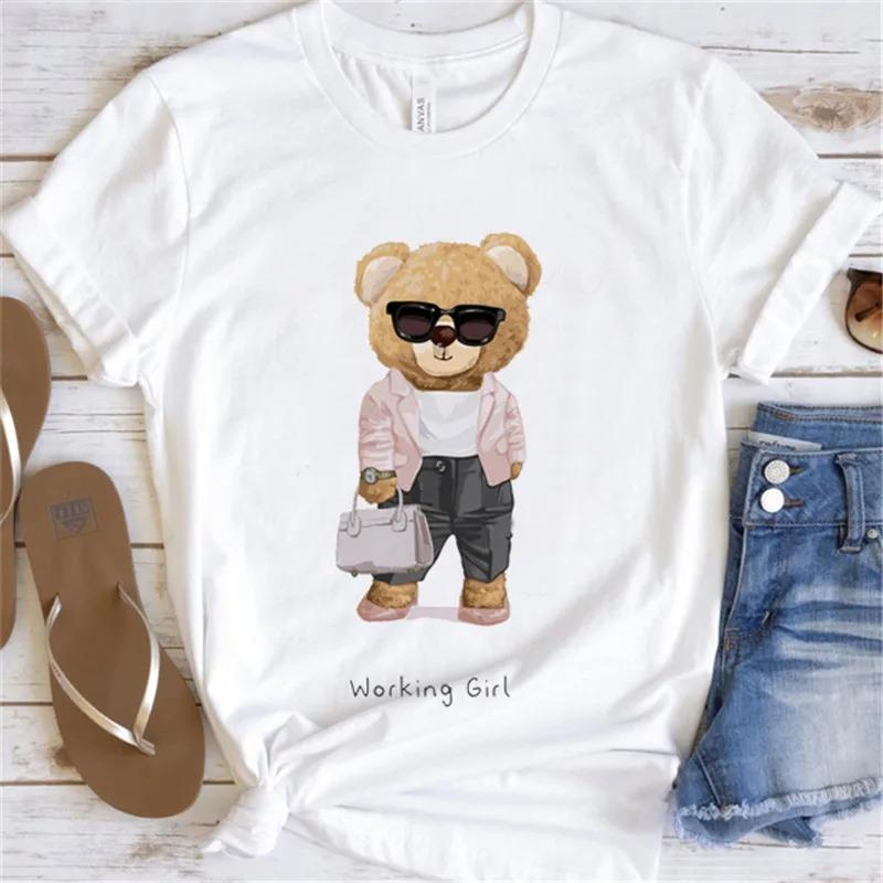 Cute Bear Print Shirts White Fashion Women T-Shirts Harajuku Kawaii Clothes Short Sleeve Summer Tees Casual Female Tops O-Neck