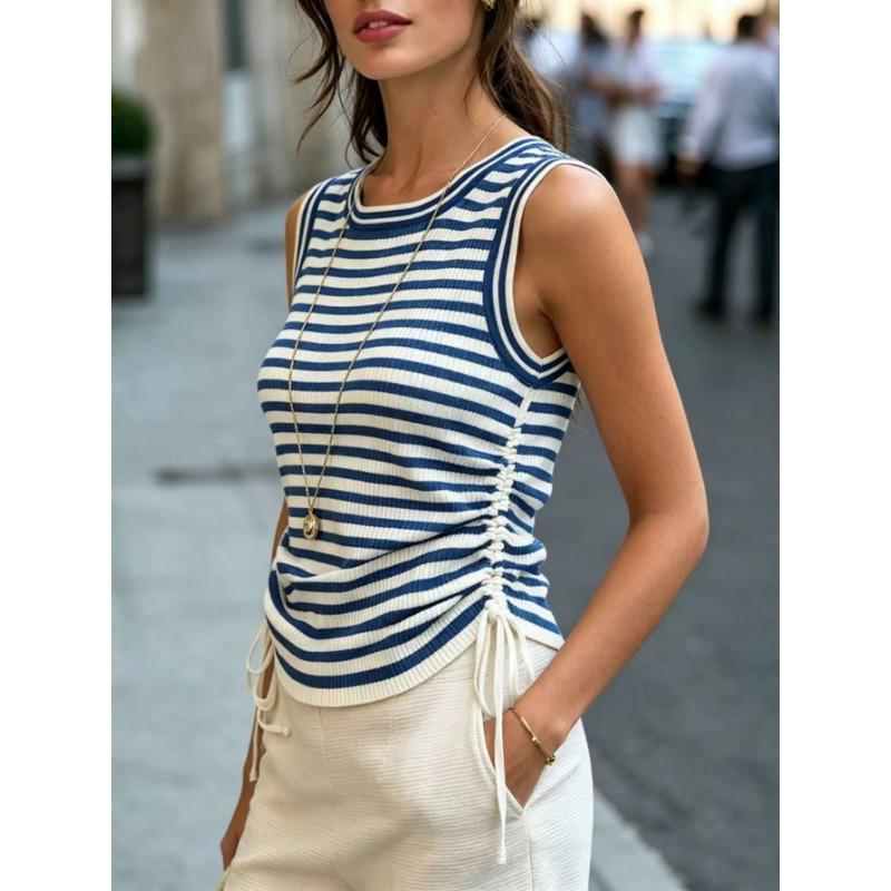 Women Striped Round Neck Drawstring Waist Slim Fit Sleeveless Tank Top Casual Commuter