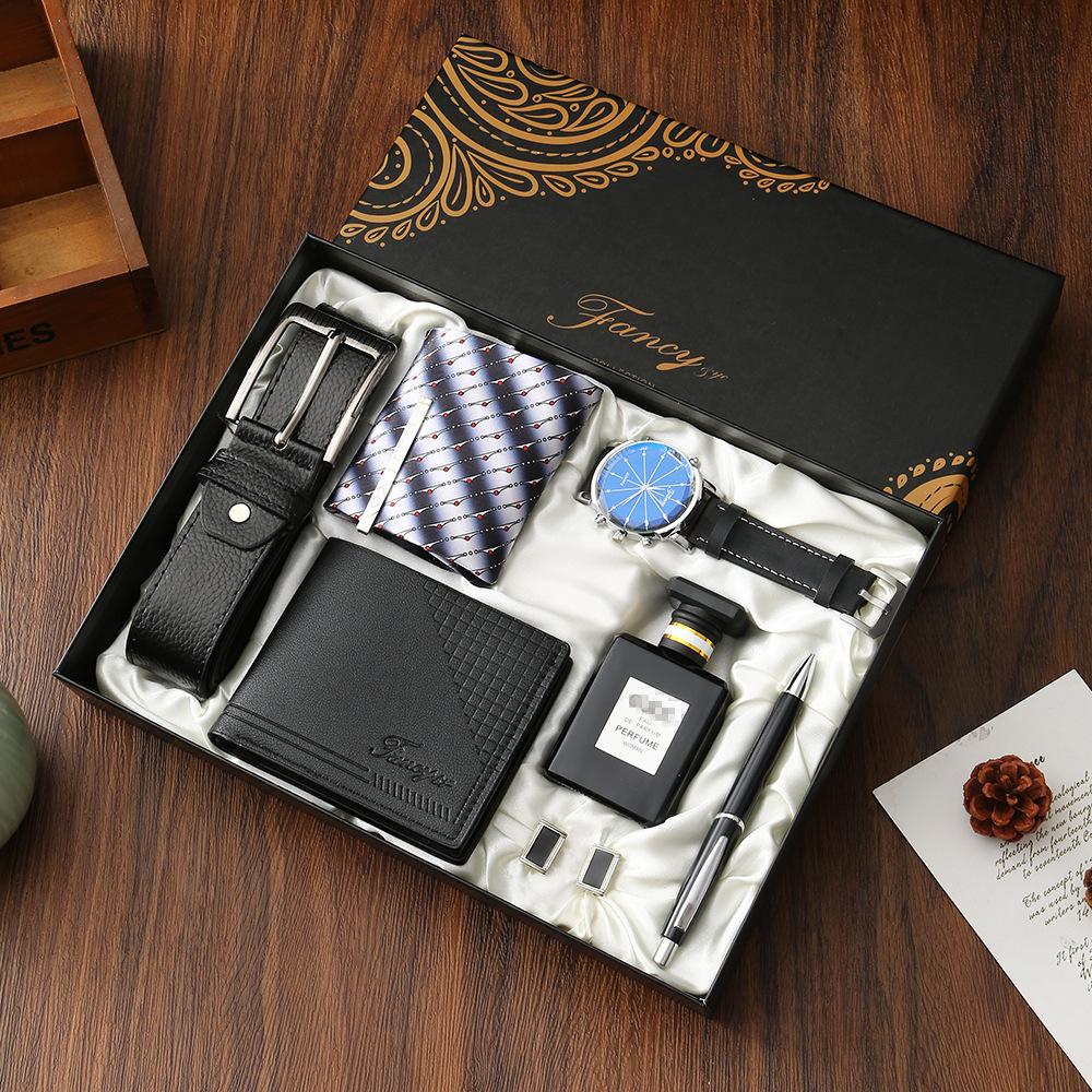 Premium Men's Souvenir Gift Set Custom Logo Leather Wallet Belt Watch Sunglasses 4-Piece Valentine Birthday Luxury Box