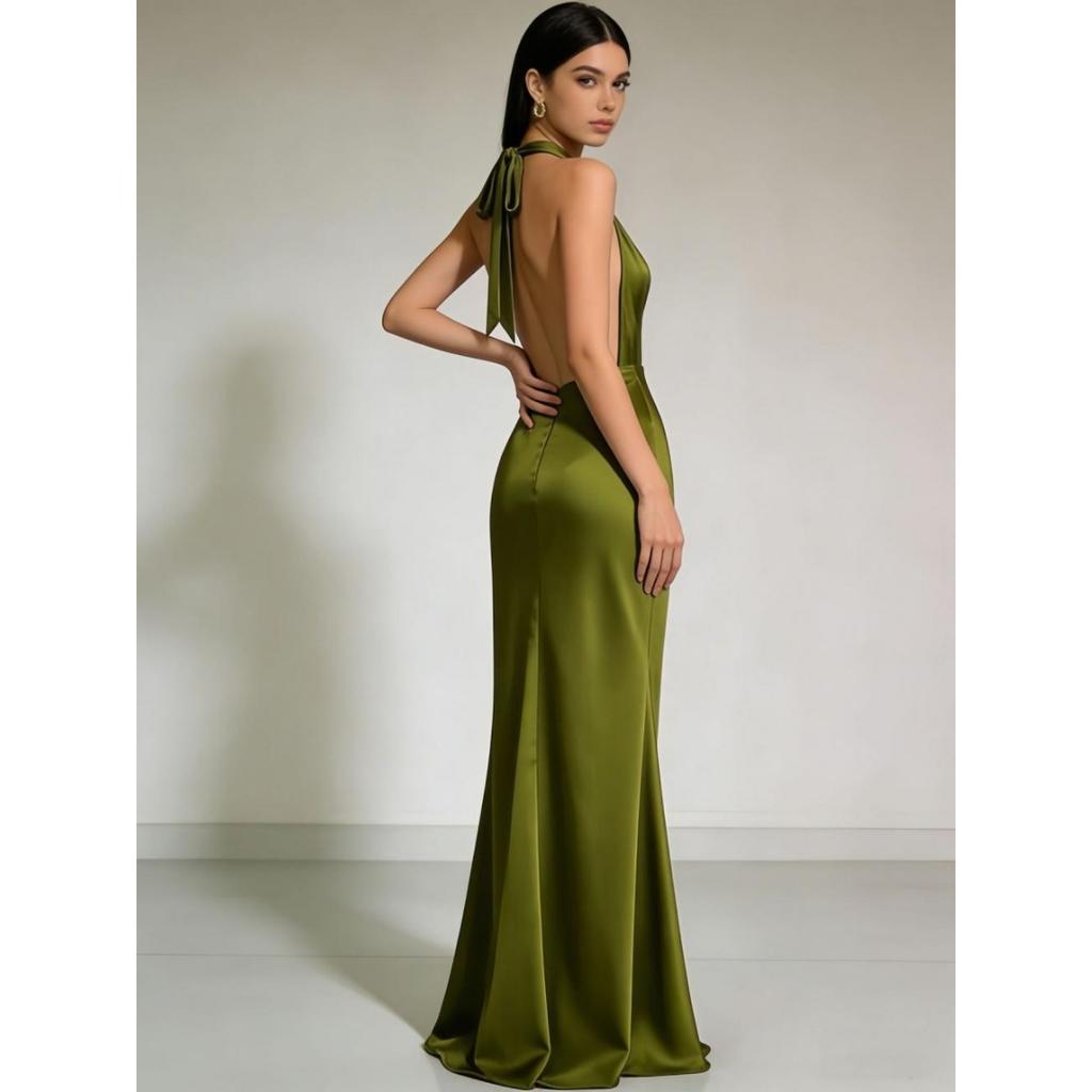 Sommer-Neckholder-Rückenfreies Satin-Abendkleid, Elegantes Sexy Langes Abschlussballkleid für Brautjungfernparty