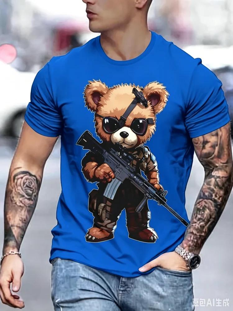 Fashion Unisexs Tactical Gun Bear Print T Shirt Cool Sunglasses Soldier Teddy Graphic Casual Streetwear Short Sleeve Tops