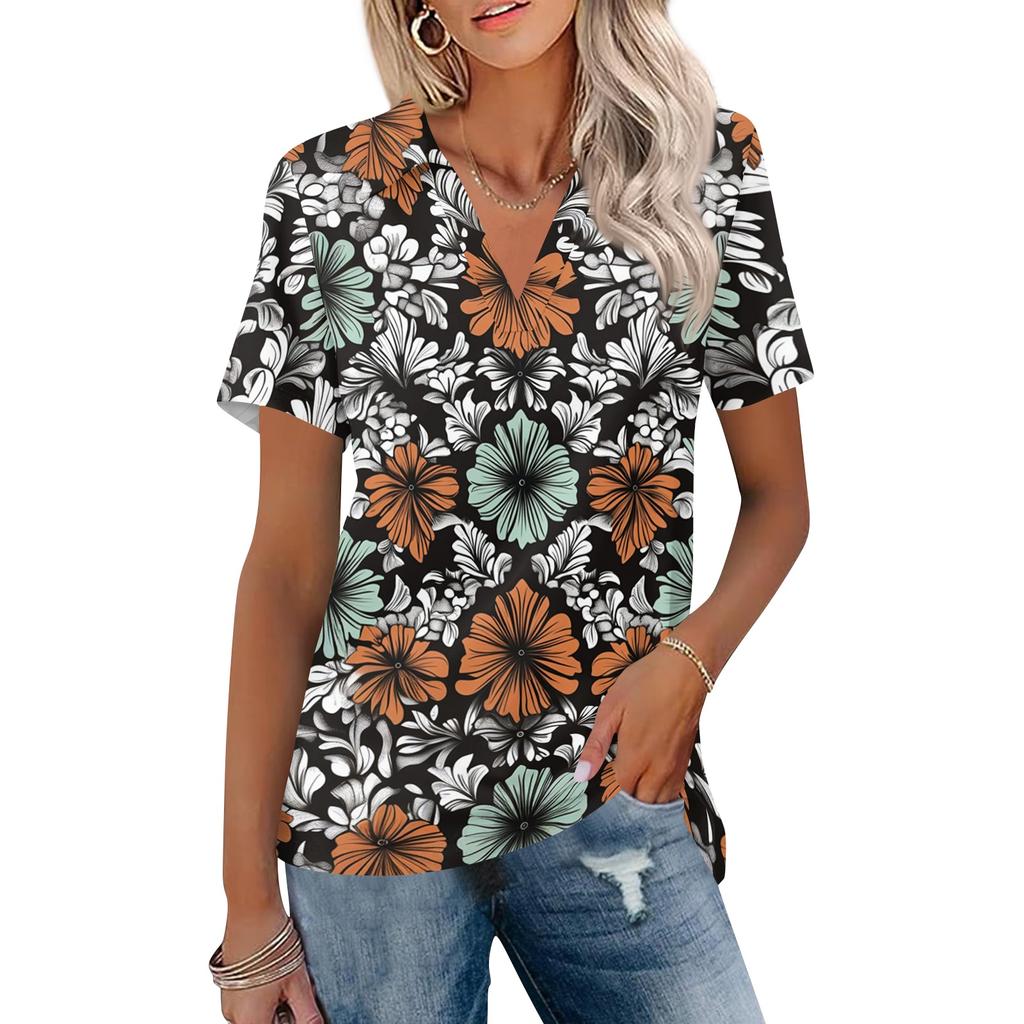 Women's Casual V Neck Short Sleeve Floral Print Polo Shirt Lightweight Summer Top with Collar for Daily Wear