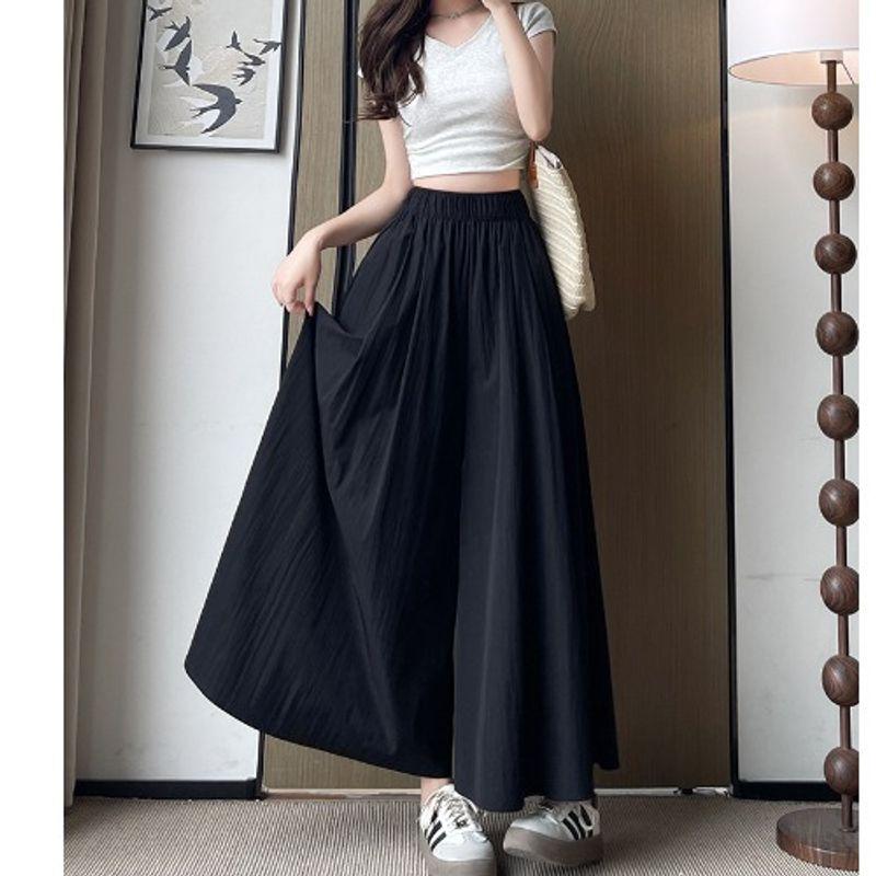 

K-style Plus Size Women s Clothing Hong Kong Style Student Elastic High Waist Crimp Straight-leg Idle Style Wide Leg Cropped Texture Pantskirt Fashion Black 3XL