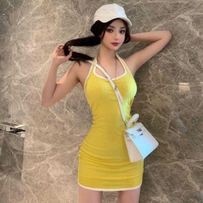 Style new contrasting color hanging neck sexy low cut sleeveless simple slim fit burst breasts backless vest slim fit hip wrap short skirt