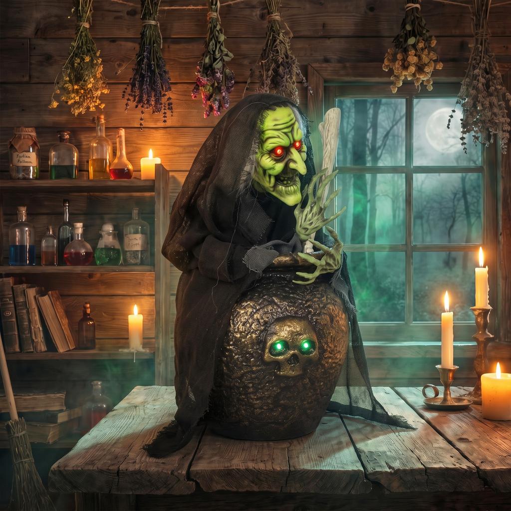 Animated Halloween table witch with laughing sound, glowing eyes and sound/touch activation
