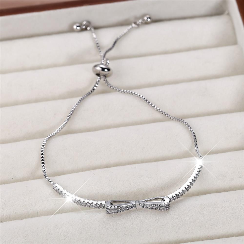 Charm Female White Zircon Stone Cute Bowknot Bracelet Cute Silver Color Adjustable Wedding Jewelry For Women