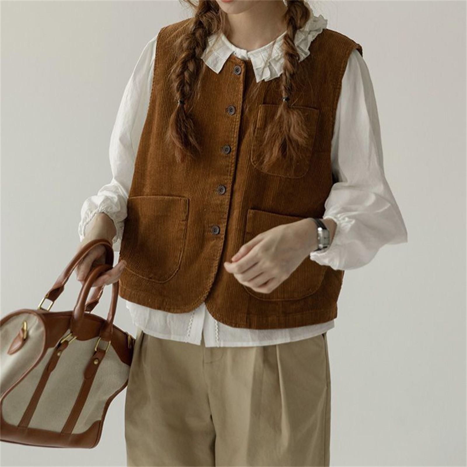 

Женский весенний вельветовый жилет, ретро топ без рукавов, жилет, студенческая верхняя одежда, жилет, куртка L коричневый