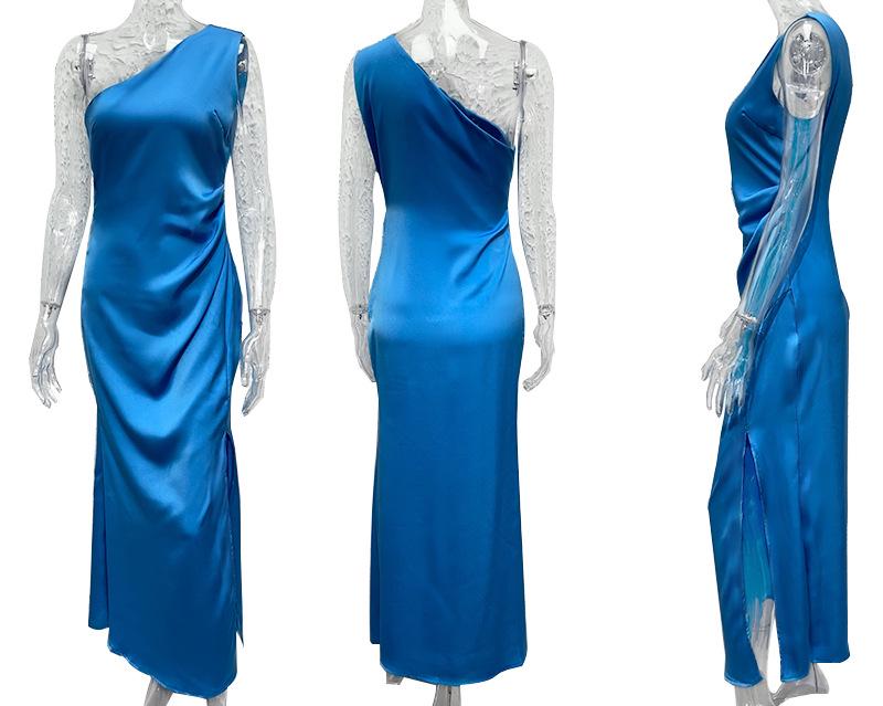 Spring/Summer 2024 European & American Slim One-Shoulder Satin Dress with Slit – Sexy & Chic Socialite Style for Women