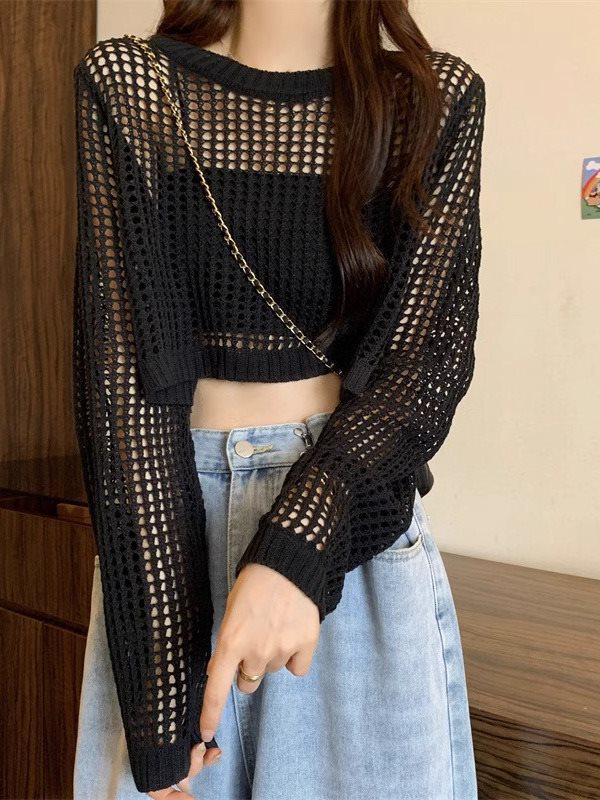 Dámský lehký prolamovaný kardigan s ochranou proti slunci - Móda jaro/léto 2025, Volný střih, Krátký zeštíhlující přehoz