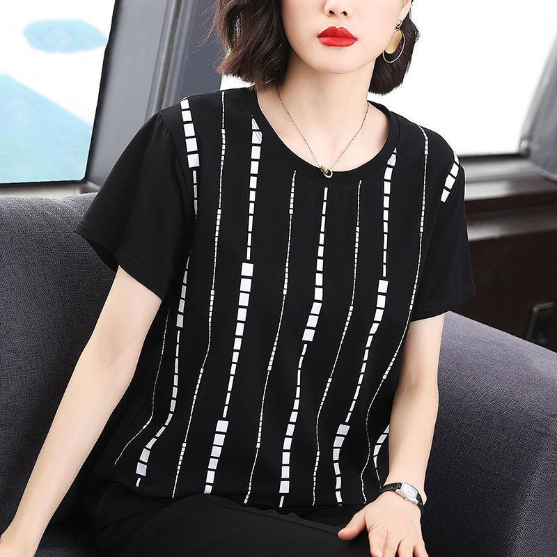 Mother's Large Size Western Style Loose and Thin Blouse Summer Thin Women's Fashion Round Neck Short-sleeved T-shirt