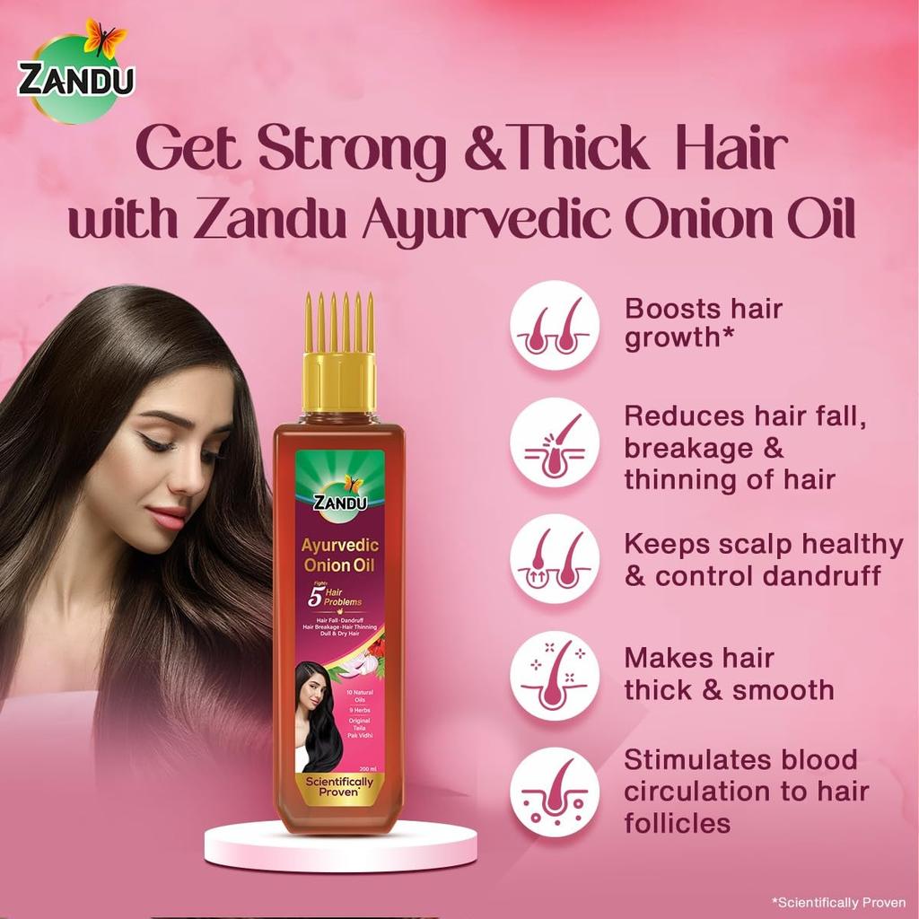 Zandu Ayurvedic Onion Oil 200ml | 9 Herbs & 10 Natural Oils for Strong Smooth Hair & Dandruff Control