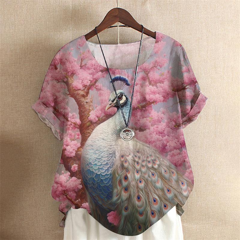 

Милая футболка с изображением животных для женщин, красивые футболки с 3D-принтом в виде павлина, летние свободные топы с короткими рукавами, фирменные футболки с круглым вырезом 6XL