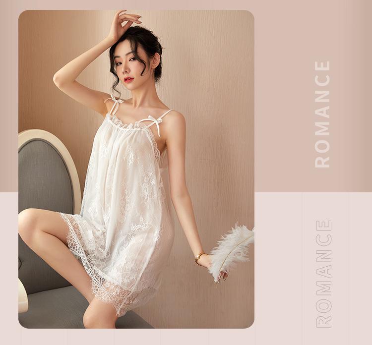 Camisón de encaje de tirantes de verano para mujer - Lencería y pijamas sexys con atadura