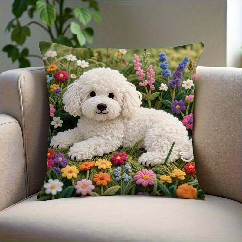 Adorable 2D Flat-Printed Dog Pillow Cover with Vibrant Flower Design Sofa Cushion Cover, Home Decoration, 2D Printing
