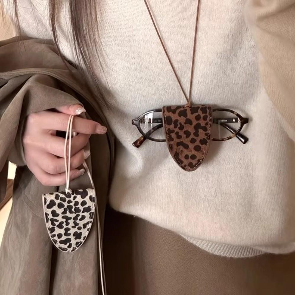 Leopard Print Eyeglasses Storage Bag Durable Pu Leather Hanging Neck Pouch Multifunctional Simple Design Eyeglass Chain Necklace
