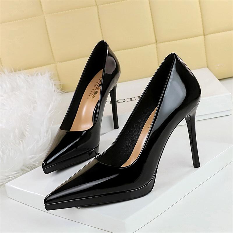 High Heels Fashion Banquet Thin Heel Patent Leather Shallow Mouth Pointed Toe Ultra High Heel Waterproof Platform Single Shoes