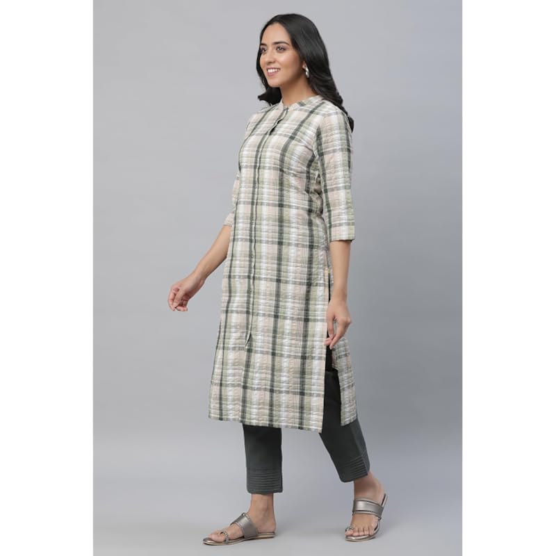 Aurelia Green Checked Cotton Regular Kurta for Women