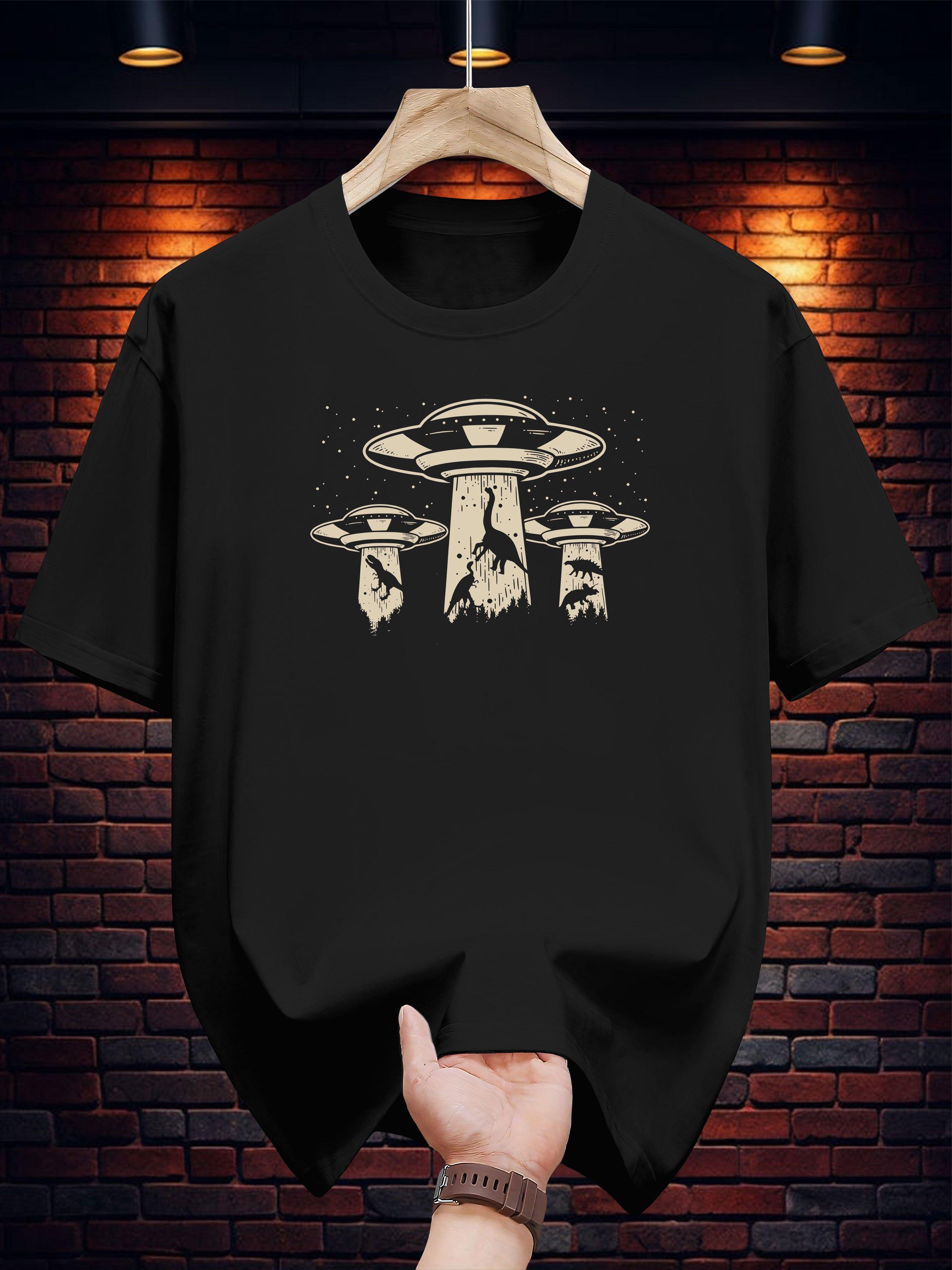 T-shirt with UFO Alien Mountain Graphic Print - Navy Blue Casual Summer Tee S
