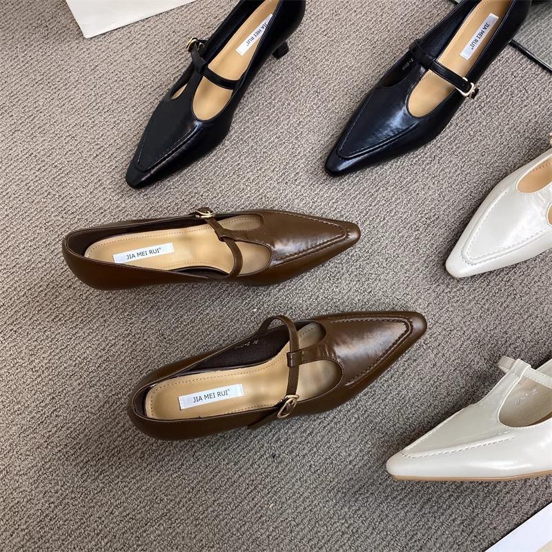 2025 Spring New Single Shoes Women's Black Hollow Pointed Tip Thin Heel Shallow Mouth Mary Jane Shoes Niche White High Heels Women