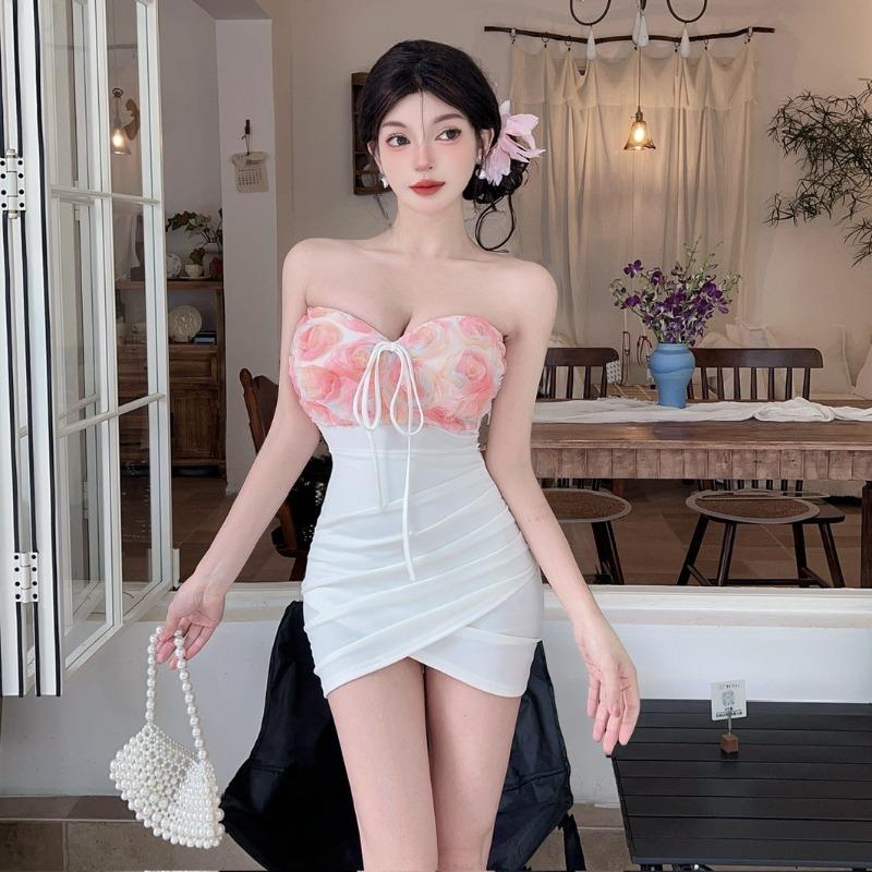 Pure desire sexy low-cut neck sling contrasting flower skirt small splicing tight hip-wrapped bottoming dress