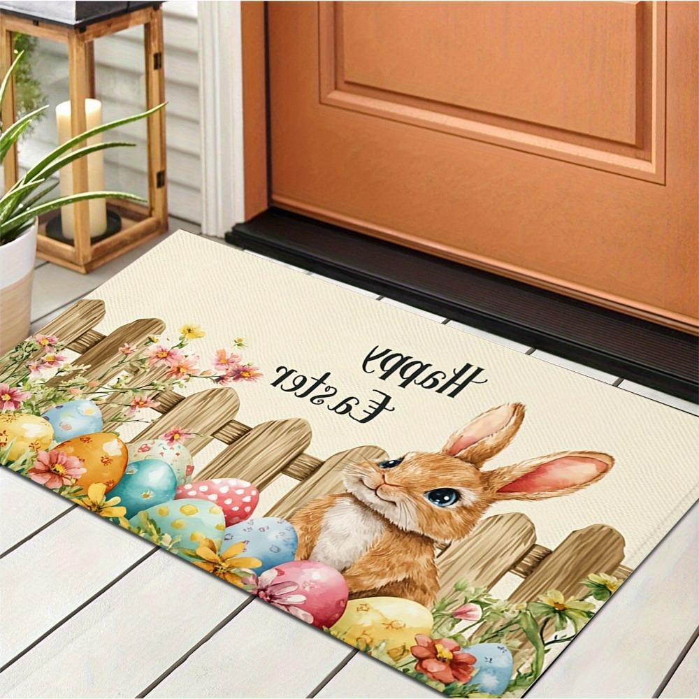 Easter Cartoon Rabbit Carpet Mat Rug with Colorful Eggs Flowers Home Porch Decoration Door Mat Festive Indoor Outdoor Floor Mat