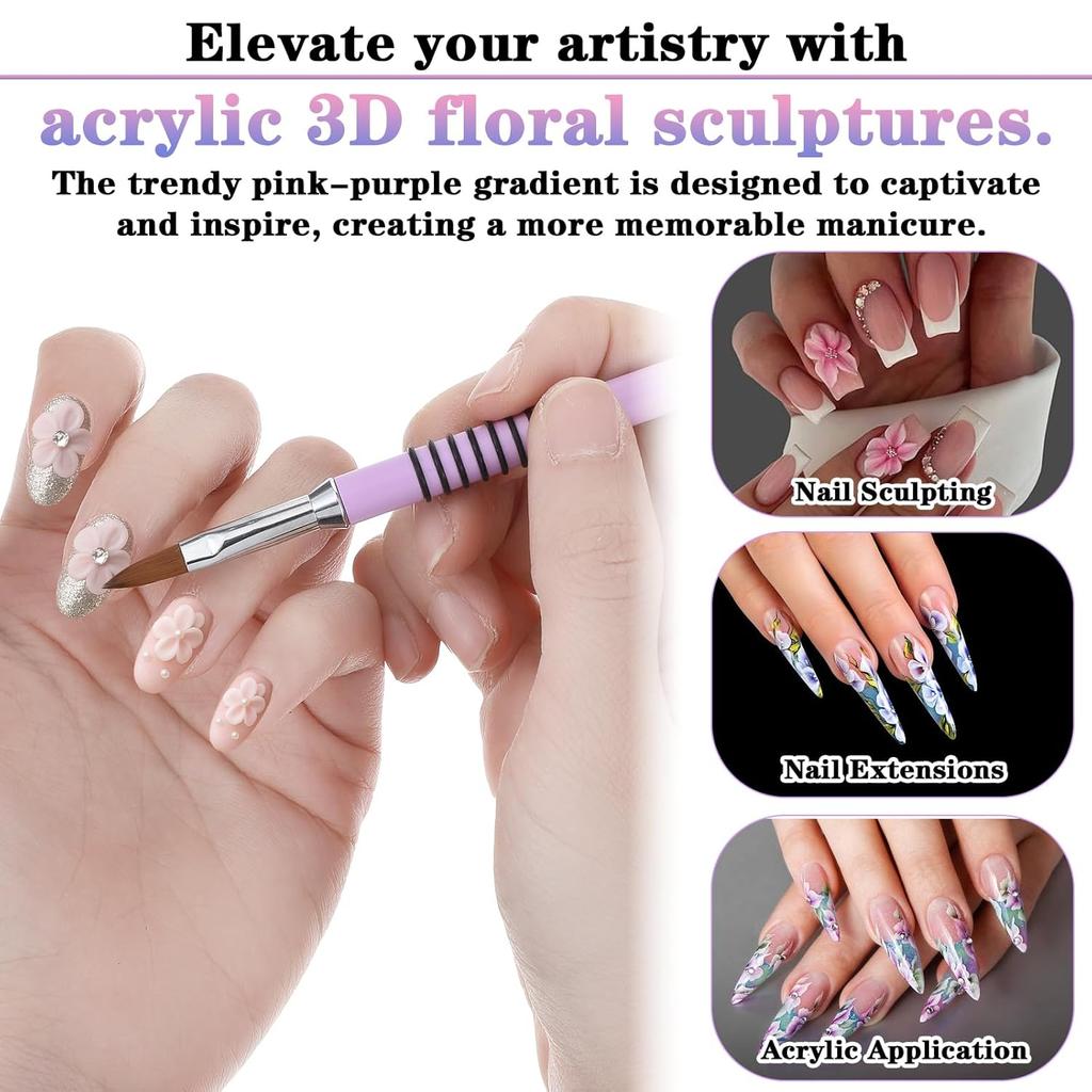 2PCS Acrylic Brushes for Nails, Size 2, 4 Professional Manicure Brush Set Purple-Pink Gradient Nail Tools Non-slip for Acrylic Powder, Nails