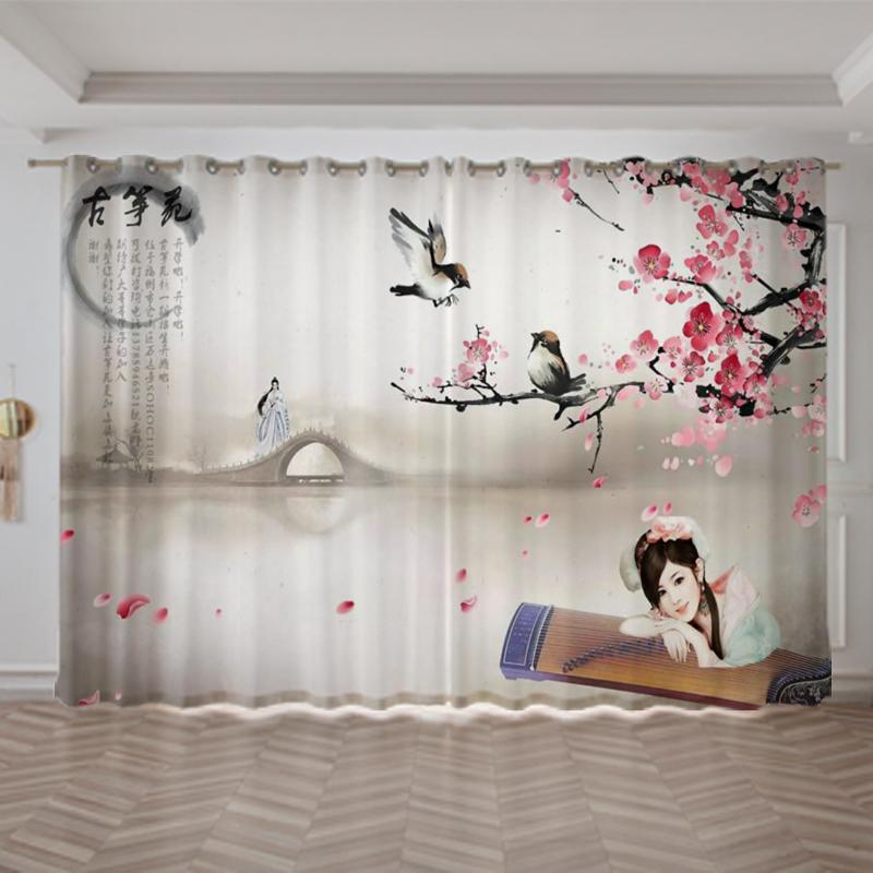 2pcs Chinese Mountain Lnk Painting Print Curtain Grommet Top Polyester Material For Living Room Bedroom Kitchen Free Shipping
