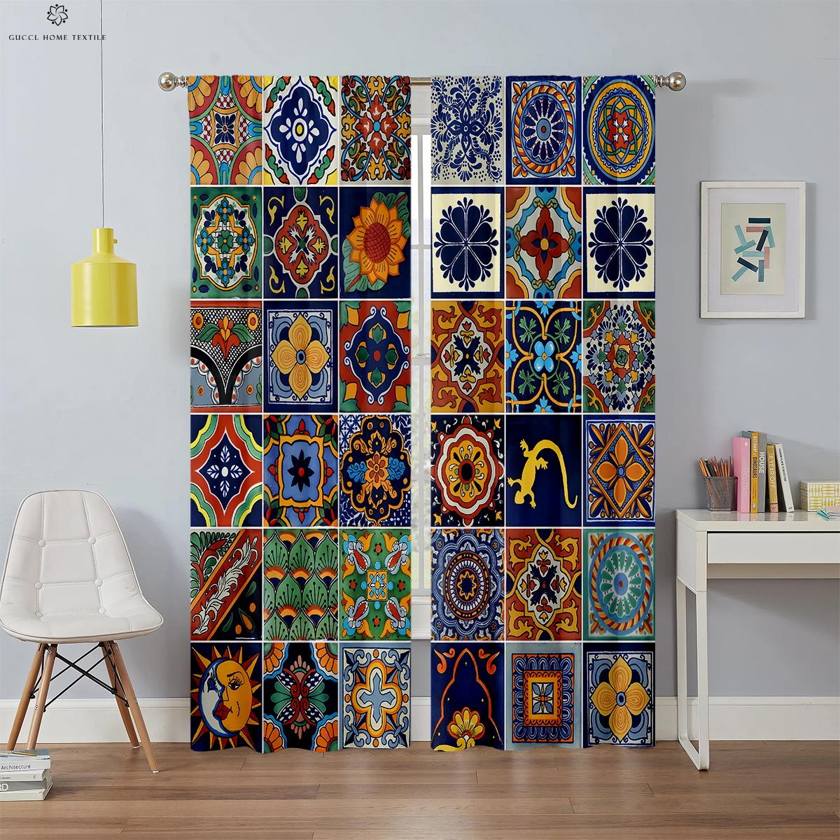 

Bohemian Window Curtains with Colorful Pattern Printed Curtain Rod Elegant Pocket Bedroom Living Area Study Kitchen Area 2 Pieces W50xH130(CM)x2PCS&Grommet Top