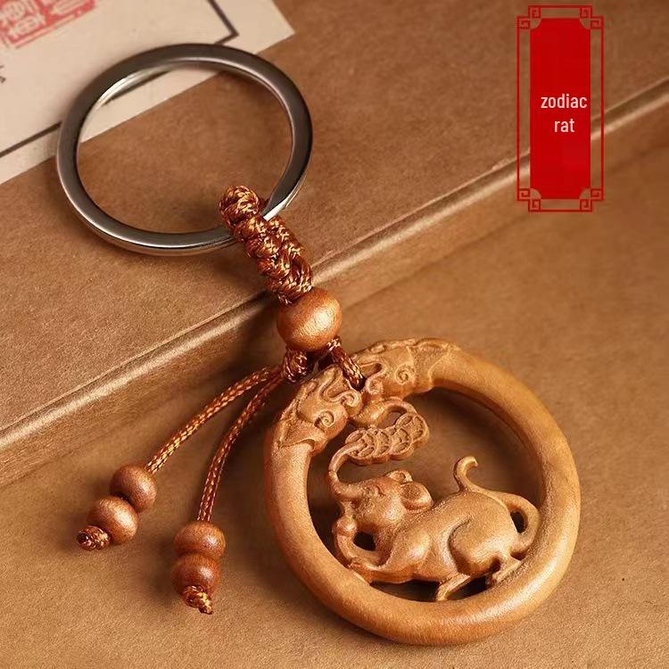 Peach Wood Zodiac Keychains: Year of the Dragon Pendant with Rat, Ox, Tiger Carvings - Carry-on Ornament Gift